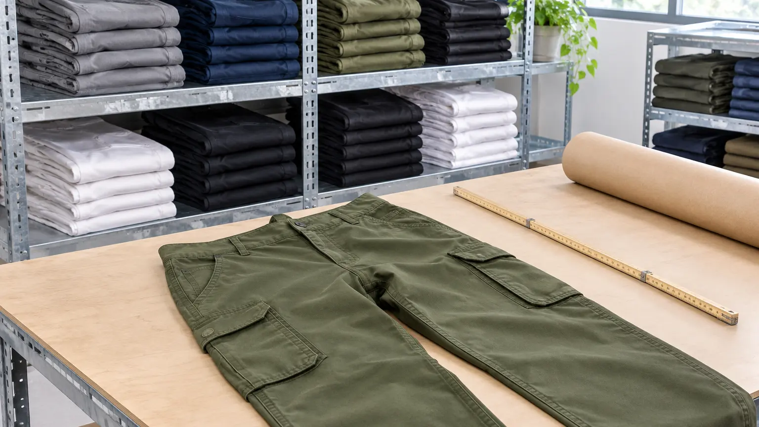 Regale mit gestapelten Arbeitshosen und eine Hose auf dem Zuschnitttisch im Lager in Ulm